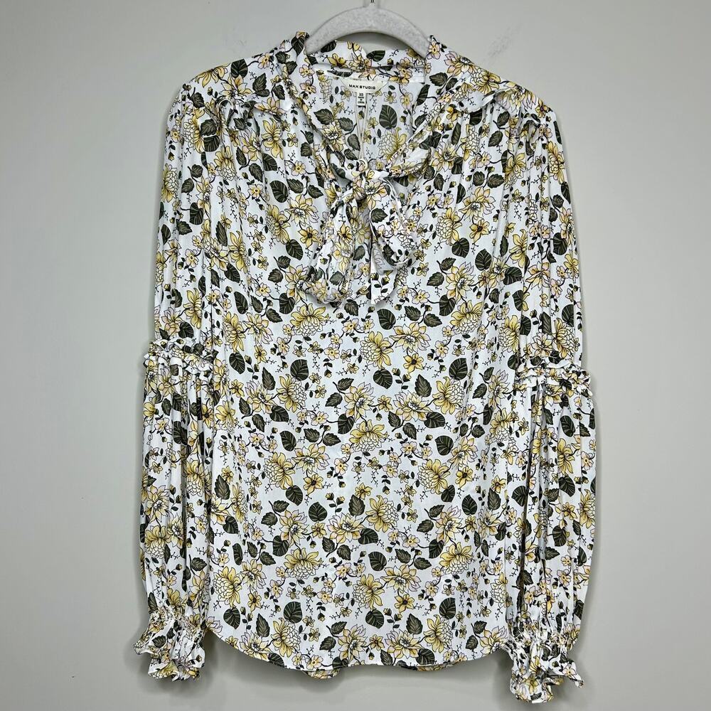 NWT Max Studio Floral Print Shirt Blouse Size XS Front Bow Ruffles